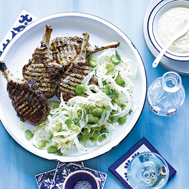 Greek Style Pork Cutlets With Skordalla Fennel And Broadbean Salad Recipe